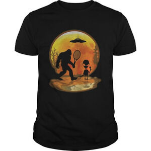 Bigfoot Alien Badminton Sunset Funny Graphic T-Shirt